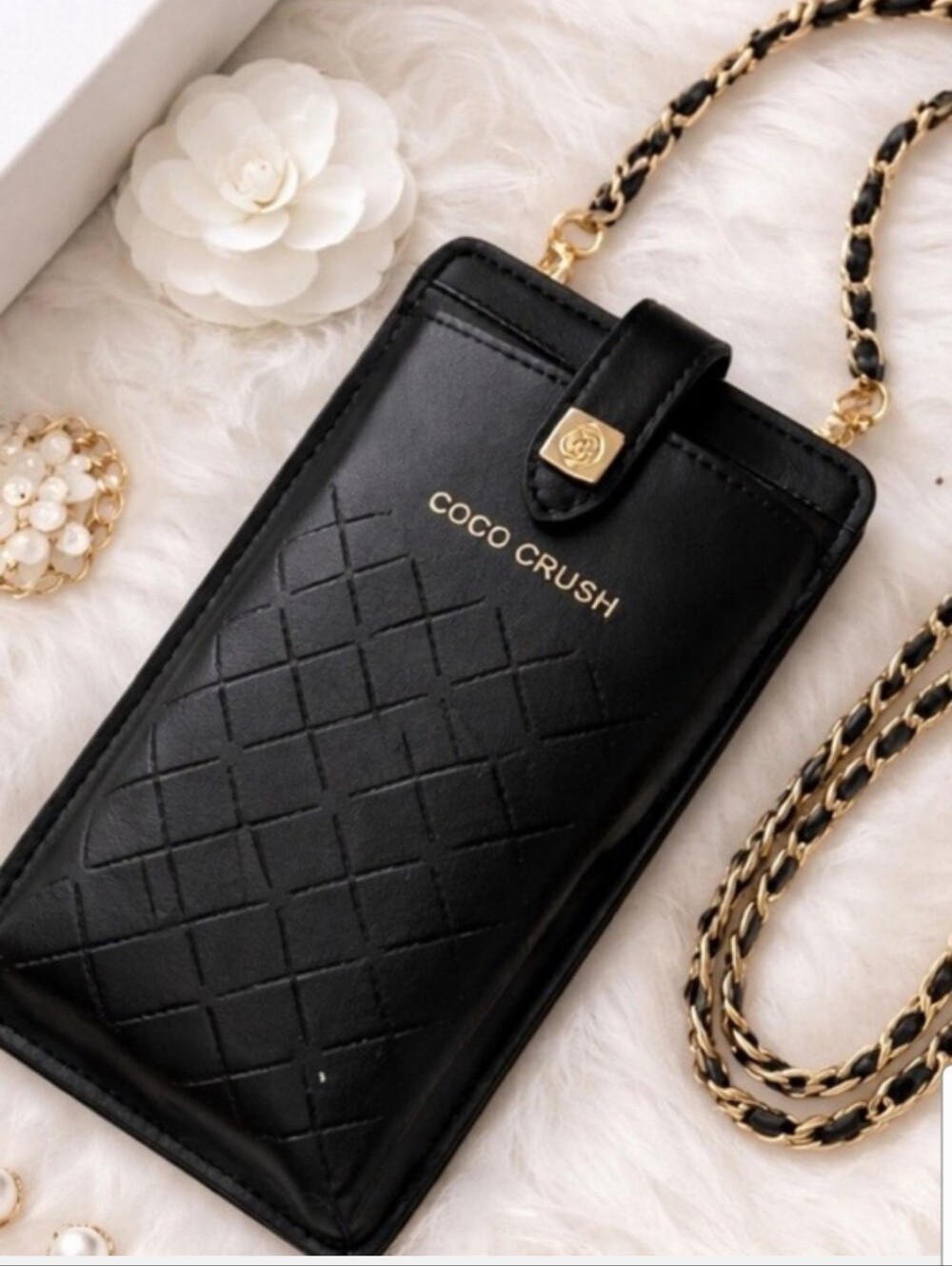 CHANEL Black Coco Crush Quilted Leather Crossbody Phone Pouch with Gold Chain